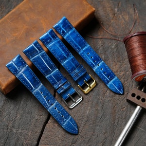 Handmade Patina Blue Aligatoor Leather Watch Strap - Sizes 14mm 15mm 16mm 18mm 19mm 20mm 21mm 22mm 23mm 24mm Customizable Strap Band