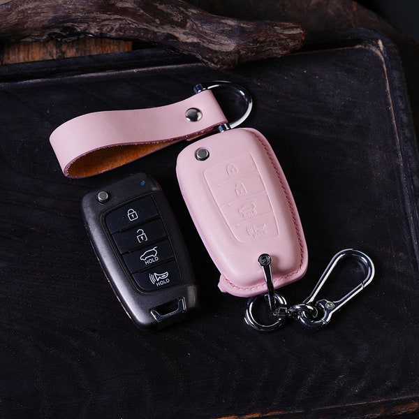 Pink Cute Leather Key Fob Cover Case for Elantra Sonata Tucson Kona Accent Verna - Flip Key Shell Holder - Personalized Keychain Accessory
