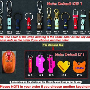 May include: A collection of keychains with various designs and colors. Keychains include leather straps, metal clasps, and personalized tags. The image also features a car key case and several key tag options with names and numbers.