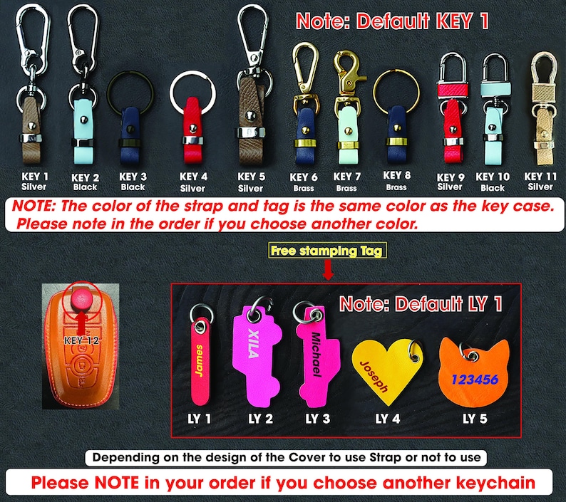 May include: A collection of keychains with various designs and colors. Keychains include leather straps, metal clasps, and personalized tags. The image also features a car key case and several key tag options with names and numbers.