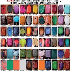 May include: A chart showing 66 different color options for leather key covers. The colors range from bright and bold to subtle and muted. The chart is labeled with the color name and number. The text "PATINA Color is a combination of lighter and darker of one color, WE HAVE MANY MORE UNIQUE COLORS PLEASE MESSAGE" is at the top of the chart.
