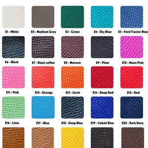 May include: Epsom leather color card featuring 25 swatches in various colors. Colors include white, medium grey, green, sky blue, Ford tractor blue, black, roast coffee, maroon, plum, neon pink, pink, orange, carrot, deep red, red, lime, blue, deep blue, cobalt blue, dark navy, caramel, pear yellow, medium yellow, dark brown, and chocolate.
