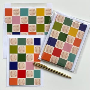 Baseball Checkerboard Note Cards, Original Art Notecards, Notecard Set, Stationery, Card Set with Envelopes, Set of 4 Cards with Envelopes