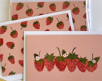 Strawberry Mix Notecard Set, Strawberry Pattern, Strawberry Lineup, Strawberries, Stationery, Notecards, Art Cards