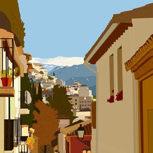Puede incluir: Una calle estrecha y adoquinada en un pueblo español con edificios blancos a ambos lados. La calle conduce a una vista de montañas nevadas en la distancia.