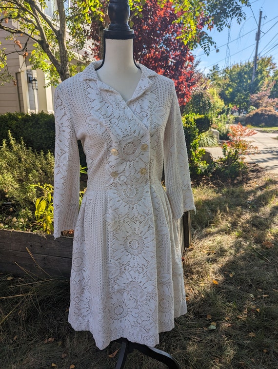 Vintage 60s 70s crochet lace ivory cream dress med