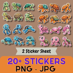 Printable Turtle Sticker /  2 Sticker Sheet / Print and Cut Turtle Stickers / Cute Turtle Stickers / Colorful Turtle Stickers / PNG, JPG