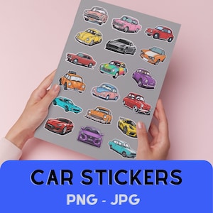May include: A sheet of colorful car stickers featuring various vintage car designs. The stickers are printed on white paper with a gray background. The stickers are perfect for adding a touch of personality to laptops, water bottles, or other surfaces.