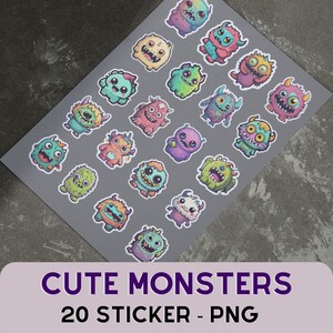 May include: Twenty colorful cartoon monster stickers on a gray background. The stickers are all different shapes and sizes and have various expressions on their faces. The stickers are perfect for adding a fun and whimsical touch to any project.
