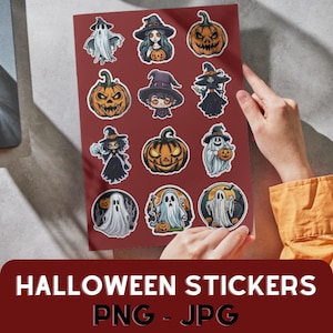 May include: A sheet of 15 Halloween stickers featuring ghosts, pumpkins, and witches. The stickers are on a red background and are ready to be peeled and applied.