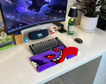 Apoio de pulso para teclado Gengar com textura acolchoada | Presente para gamer fã de Pokémon Fantasma Roxo | Suporte macio para teclado mecânico | Tapete decorativo para sala de jogos