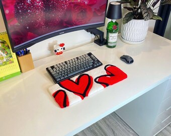 Red Hearts Tufted Keyboard Wrist Rest | Cute Valentine Gamer Girl Gift | Coquette Mechanical Keyboard Support | Pastel Aesthetic Desk Decor