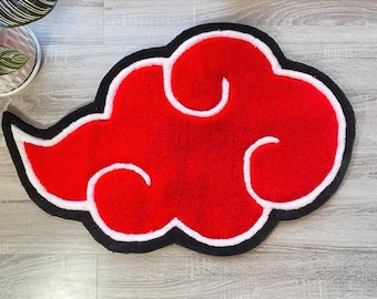 Tapete Akatsuki Cloud Tufted | Tapete Decorativo para Quarto com Tema de Naruto | Tapete de Cabeceira Gamer Vermelho, Preto e Branco | Ideia de Presente Otaku | Tapete Personalizado Entalhado à Mão
