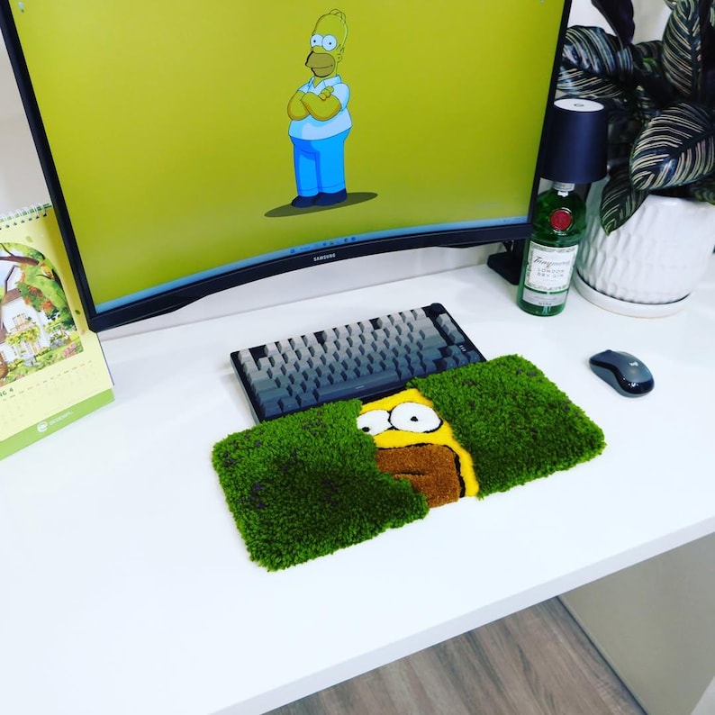 Homer Simpson Using A Computer Homer Simpson Bushes Keyboard Wrist Rest, Meme Desk Decor, Hand-tufted ...