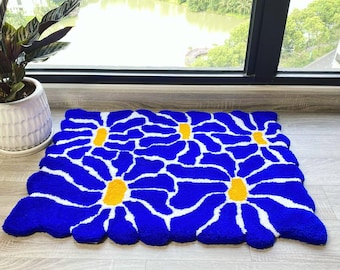 Tapete tufado com margaridas azuis | Tapete floral delicado para o chão | Tapete estético para quarto e sala de estar | Tapete personalizado 3D esculpido à mão - Ideia de presente