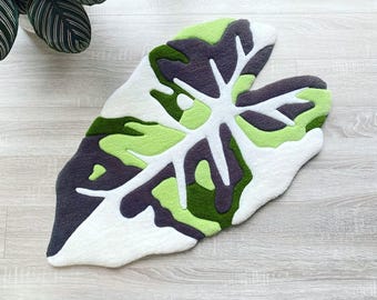 Tapete com estampa 3D de folhas de Alocasia | Tapete botânico variegado para o chão | Presente para amantes de plantas em verde-floresta | Tapete estético para cabeceira | Tapete charmoso