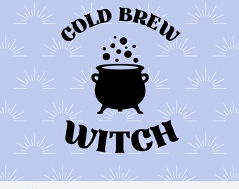 May include: A black silhouette of a cauldron with steam rising from the top. The text "COLD BREW WITCH" is written in a black, stylized font around the cauldron.