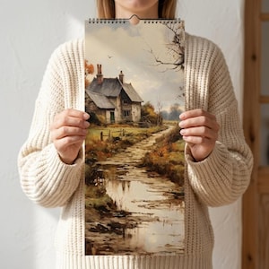 Väggkalender för engelsk stuga 2027, vintagekalender för landsbygdskonst, traditionell brittisk bystuga, rustik lantlig present
