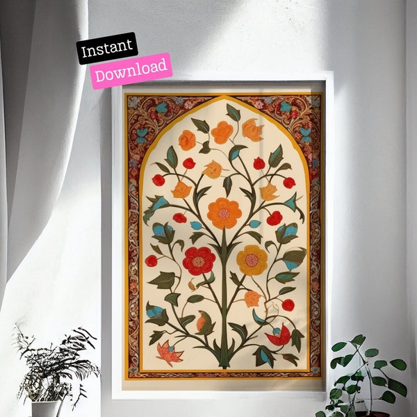 Traditional Islamic Floral Art with Arabic Calligraphy, Vibrant Islamic Geometric Design Art, Unique Muslim Decor Gift, Digital Download