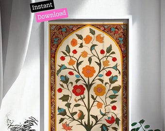 Traditionele islamitische bloemsierkunst met Arabische kalligrafie, levendige islamitische geometrisch ontwerpkunst, uniek moslimdecorcadeau, digitale download