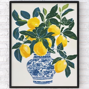 Lemon Tree Print: Vibrant Yellow & Moroccan Blue Kitchen Wall Art