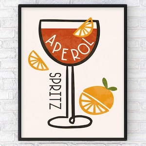 Aperol Spritz Retro Cocktail Art Print, Modny włoski plakat kuchenny, Sztuka wózka barowego z połowy wieku, Nowoczesna sztuka ścienna Vintage Summer
