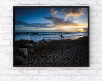 Dorset Coast Photography Print: Surfer at Sunset Seascape