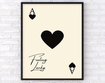 Ace of Hearts Retro Art Poster, Quirky, Modern Kitchen and Bar Decor, Black and White Art