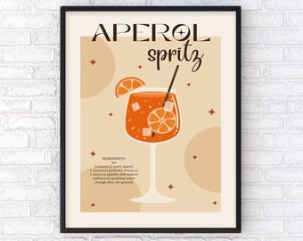 Aperol Spritz Cocktail Print: Retro Beige & Orange Kitchen Bar Art