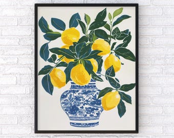 Vibrant Yellow Lemon Tree Print Poster, Moroccan Blue Wall Art for Home Decor, Perfect for Kitchen, Living Room and Bedroom