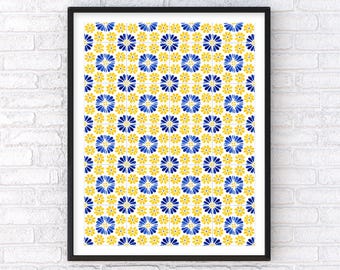Moroccan tile poster yellow and blue perfect for farmhouse home decor and rustic gallery wall, yellow and blue floral pattern tile, tile art