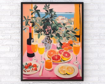 Breakfast Table Food Print, Retro Food Art Poster, Vintage Kitchen Art Print, Food Illustration Wall Decor, Chef's Gift