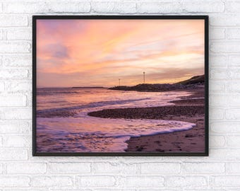 Mudeford Sunset Photography Print, Dorset Coastal Wall Art, Pink Beach Sunset Decor