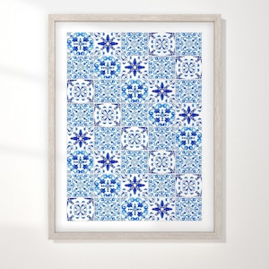 Poster di piastrelle marocchine blu e bianche, perfetto per l'arredamento di case in stile rustico e per gallerie murali rustiche, piastrelle con motivo blu, piastrelle artistiche