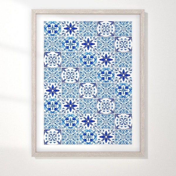 Affiche de carrelage marocain bleu et blanc parfait pour une décoration de ferme et un mur de galerie rustique, carrelage à motif bleu, art du carrelage