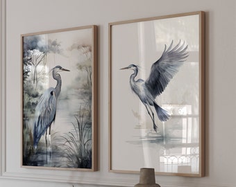 Modern set of 2 INDIGO HERON wildlife POSTERS, set of two wall art gifts for bird lovers