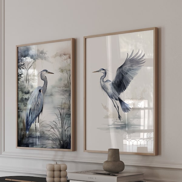 Modern set of 2 INDIGO HERON wildlife POSTERS, set of two wall art gifts for bird lovers