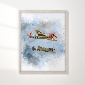 Arte de pared de aviones de la Segunda Guerra Mundial - Póster P-47D Thunderbolt y Spitfire - Recuerdos de guerra atemporales para la decoración del hogar