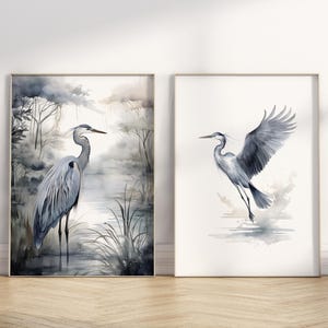 Blue Heron Art Print Poster Set of 2 - Modern Coastal Boho Wall Decor