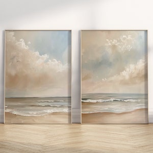 Pósteres vintage de pintura al óleo de playa, juego de 2, paisaje costero neutro suave, playa de verano, arte mural.