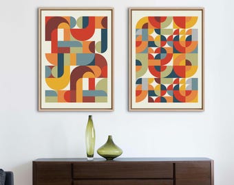 Mid Century Modern Framed Canvas Print Set: Bauhaus Abstract Geometric Art