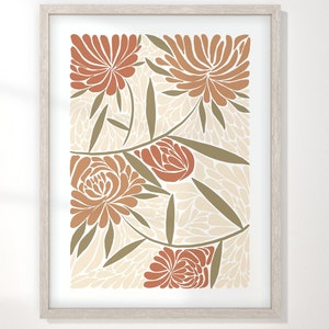 Póster de flores neutras, arte de pared funky de los años 70, póster con estampado de obras de arte florales, decoración de apartamentos, regalo único