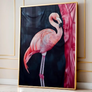 Arte murale con fenicotteri rosa vibranti, stampa di ritratti di uccelli unici, decorazione della fauna selvatica, grande poster da parete, decorazione minimalista ispirata alla natura