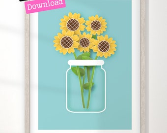 Sunflowers in Vase Art Print: Minimalist Floral Wall Decor (Digital Download)