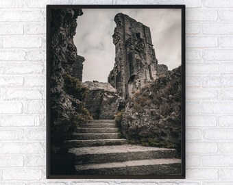 Corfe Castle Print: Atmospheric Ruins Photography, Dorset UK
