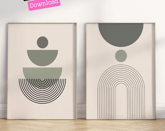 Puede incluir: Dos impresiones de arte abstracto minimalistas con un fondo beige y formas geométricas verdes y negras. La impresión de la izquierda presenta una pila de tres semicírculos verdes con un pequeño círculo verde en la parte superior. La impresión de la derecha presenta un arco negro con líneas verticales y un círculo verde grande en la parte superior.