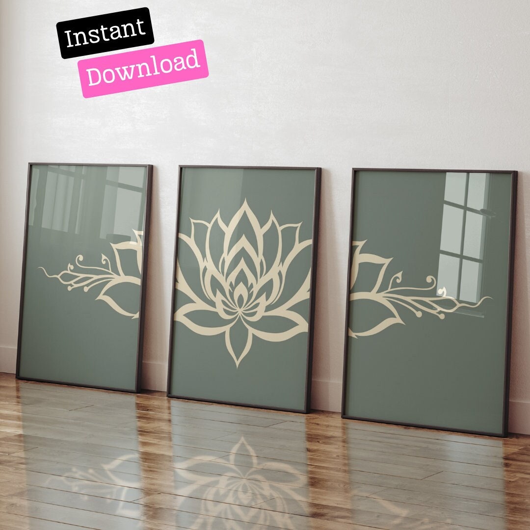 Lotus Flower Mandala Wall Art Set of 3 Prints, Bohemian Living Room ...