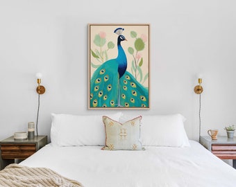 Vintage Peacock Framed Canvas Wall Art: Exotic Bird Print