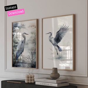 Modern set of 2 INDIGO HERON Wildlife DIGITAL download prints, Set of Two Wall Art Gifts For Bird Lovers