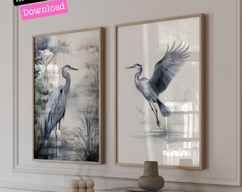 Modern set of 2 INDIGO HERON Wildlife DIGITAL download prints, Set of Two Wall Art Gifts For Bird Lovers